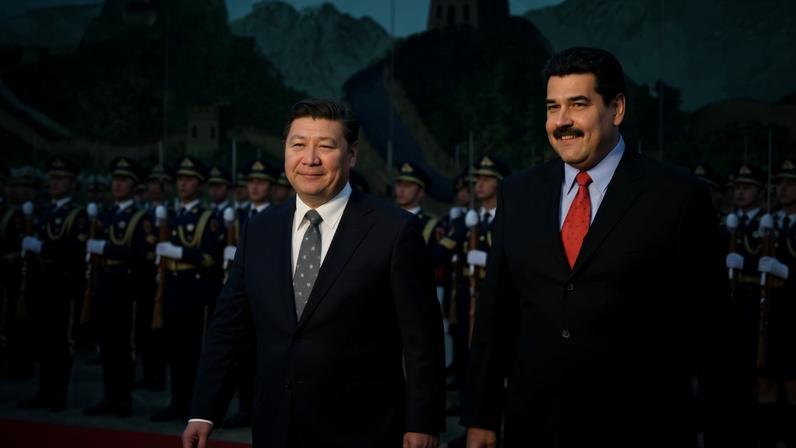 Venezuelan President Nicolás Maduro, right, walks with Chinese President Xi Jinping as they arrive to a welcoming ceremony in Beijing.