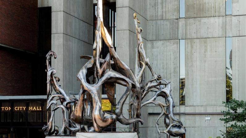 “Amulet,” a sculpture by artist Rhea Vedro, was installed at Boston City Hall in October and dedicated with a ribbon cutting in December. Vedro is a lecturer and metals artist-in-residence in MIT’s Department of Materials Science and Engineering.