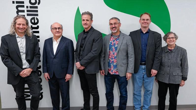 Celebrating the newly named MIT Siegel Family Quest for Intelligence are (left to right) Josh Tenenbaum, David Siegel, Jim DiCarlo, Nick Roy, Erik Vogan, and Leslie Kaelbling.