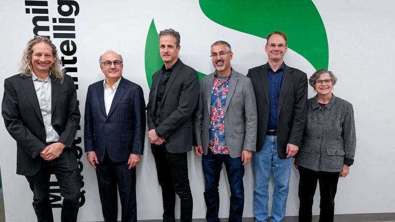 Celebrating the newly named MIT Siegel Family Quest for Intelligence are (left to right) Josh Tenenbaum, David Siegel, Jim DiCarlo, Nick Roy, Erik Vogan, and Leslie Kaelbling.
