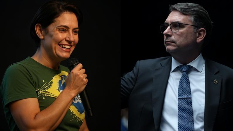 Montagem com fotos de Michelle e Flávio Bolsonaro