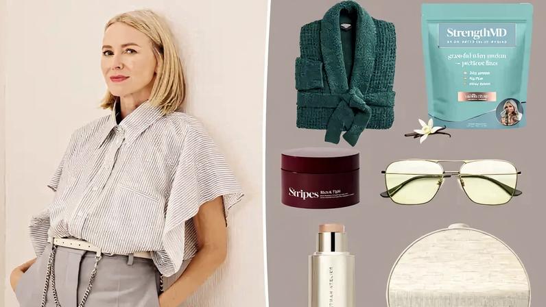 Naomi Watts with insets of some of her favorite products on a gray background