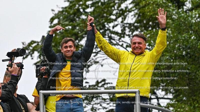 Nikolas Ferreira e Jair Bolsonaro em ato por anístia na avenida Paulista