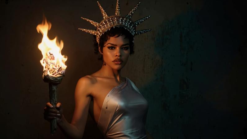 Teyana Taylor holds a torch as Lady Liberty in a Ralph Lauren Collection gown with a custom Bode crown on the cover of Vanity Fair.