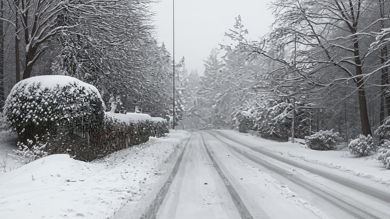 A snowy image taken from the front window of a car. The road in front is covered in snow, as well as the pavements and the trees in the distance. There is a person walking in a white jacket and black trousers on the pavement on the left hand side of the image.