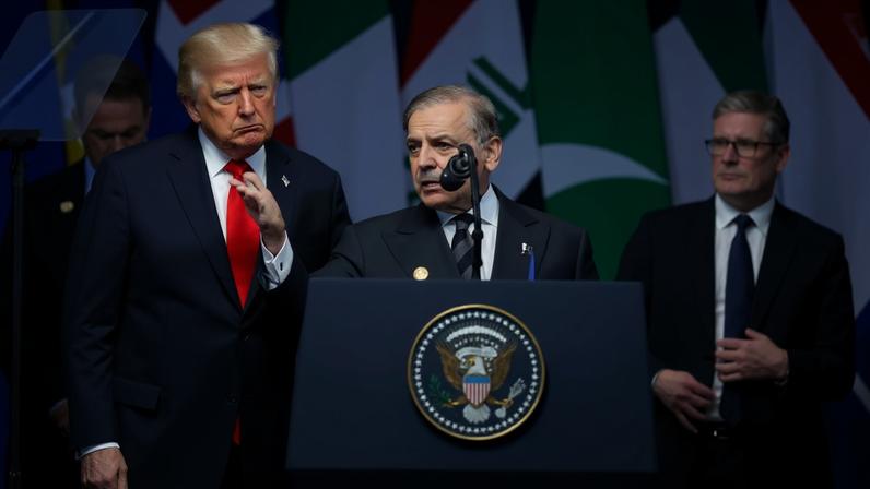 Pakistani Prime Minister Shehbaz Sharif, center, speaks as U.S. President Donald Trump, left, and British Prime Minister Keir Starmer, right, watch during the Sharm El-Sheikh Peace Summit in Sharm El-Sheikh, Egypt.
