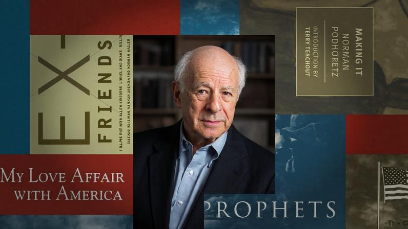 A collage of Norman Podhoretz and several of his books.