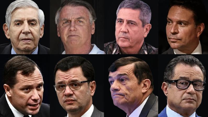 Da esq. para a dir., em sentido horário: Augusto Heleno, Jair Bolsonaro, Braga Netto, Alexandre Ramagem, Mauro Cid, Anderson Torres, Paulo Sérgio Nogueira de Oliveira e Almir Garnier Santos