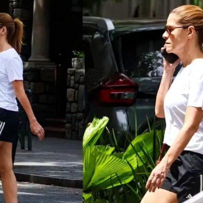 Ingrid Guimarães passeia pelo Leblon e fala ao telefone