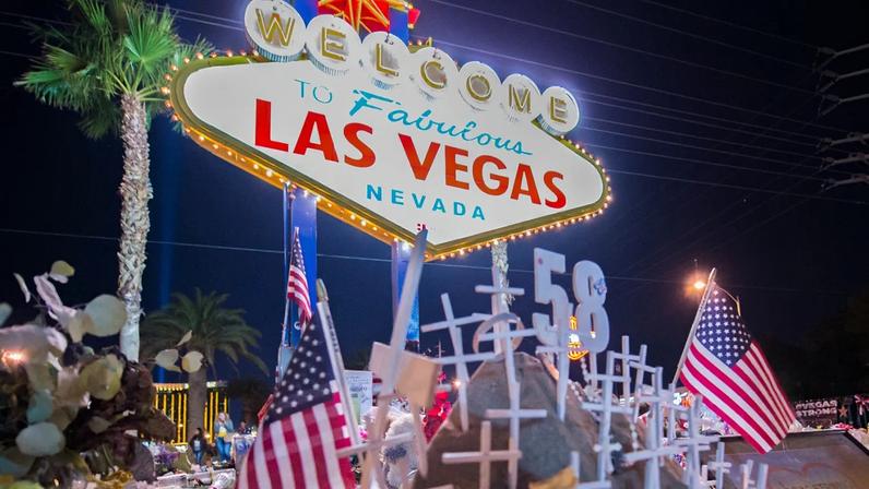 The area near The Fabulous Las Vegas Sign has become the memorial for the victims after the mass shooting in Las Vegas, Nevada, that took 58 lives, October 28, 2017. On the night of October 1, 2017, gunman Stephen Paddock opened fire from the 32nd floor of Mandalay Bay Resort and Casino on a crowd of concertgoers at the Route 91 Harvest music festival on the Las Vegas Strip in Nevada, leaving 58 people dead and 546 injured.