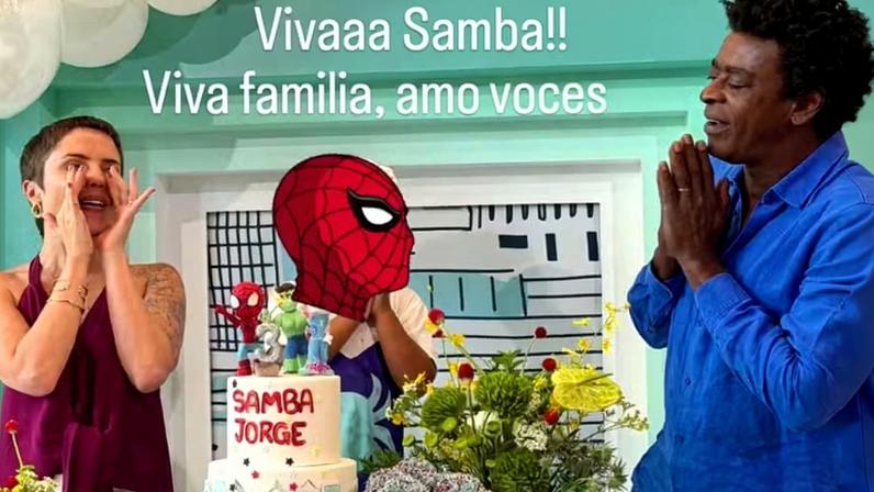 Seu Jorge e Karina Barbieri comemoram os 3 anos do filho, Samba Jorge — Foto: Reprodução/Instagram