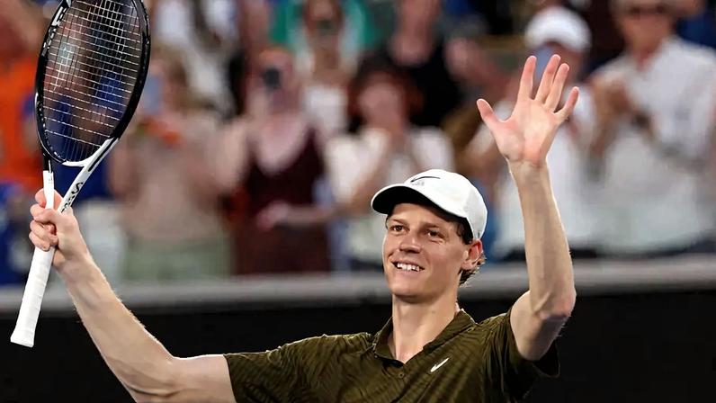 Italy's Jannik Sinner celebrates beating Italys Luciano Darderi in their men's singles match on day nine of the Australian Open tennis tournament in Melbourne on January 26, 2026. (Photo by DAVID GRAY / AFP) / -- IMAGE RESTRICTED TO EDITORIAL USE - STRICTLY NO COMMERCIAL USE --