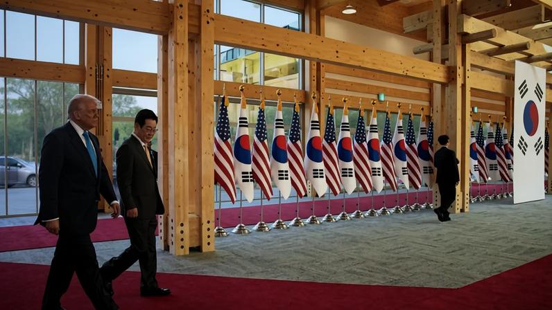 U.S. President Donald Trump and South Korean President Lee Jae Myung, both wearing dark suits, walk together in the Gyeongju National Museum. The room has both red and gray carpet, wooden beams, and features a row of alternating South Korean and U.S. flags.