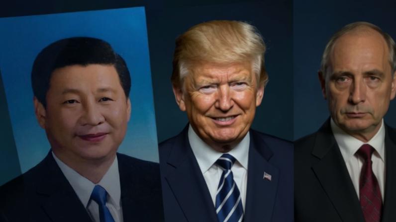 Frames of Chinese President Xi Jinping, US President Donald Trump and Russian President Vladimir Putin are display in a photo shop in Beijing on April 17, 2017.