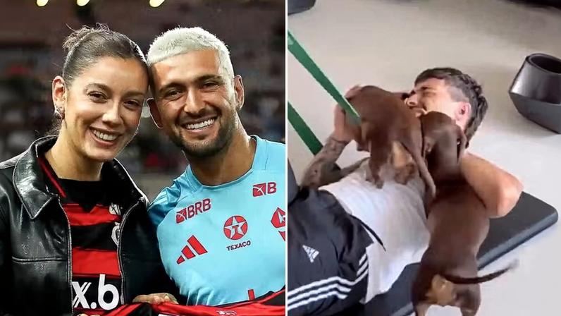 Arrascaeta recebe 'ataque de lambeijos' durante treino e mulher filma momento fofo; assista — Foto: Reprodução/Instagram