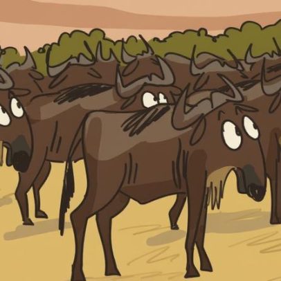 Predadores da Grande Migração do Gnu: então e agora (caricatura)