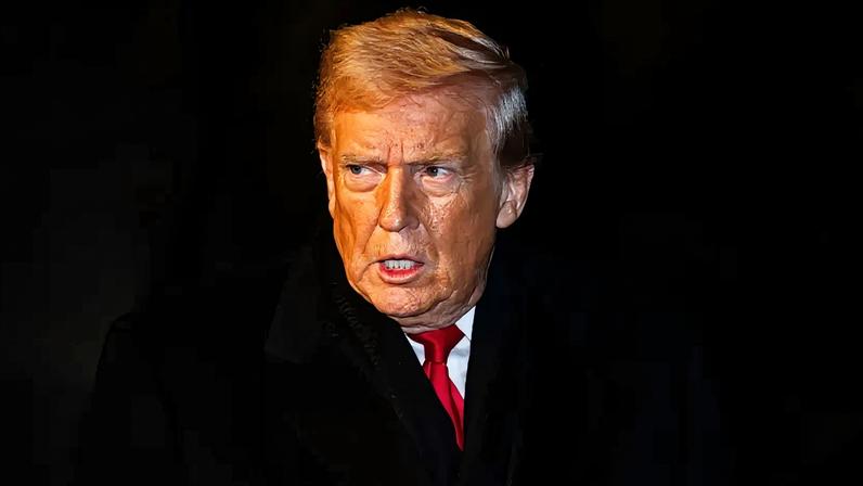 Trump is seen from the chest up against a dark nighttime background, which makes it appear that his head is floating against a background of deep black. He wears a dark suit, red tie, and a serious expression.