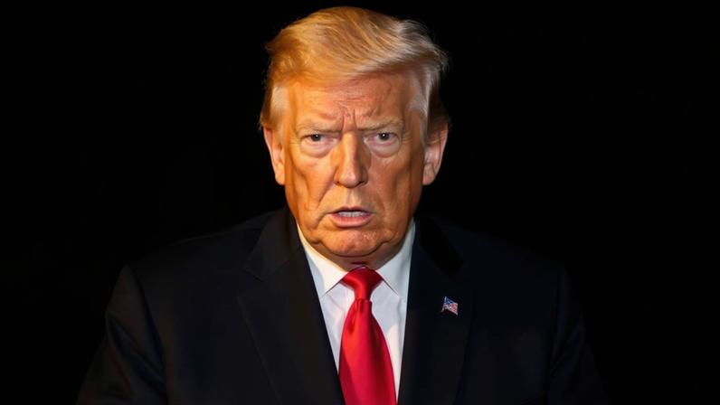 Trump is seen from the chest up against a dark nighttime background, which makes it appear that his head is floating against a background of deep black. He wears a dark suit, red tie, and a serious expression.