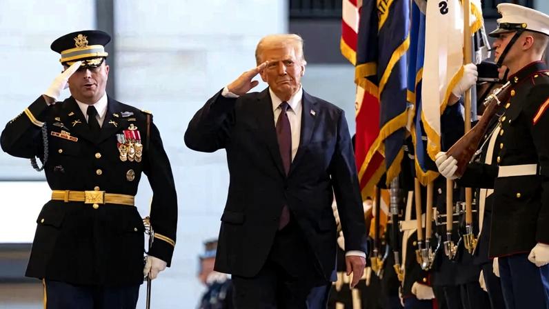U.S. President Donald Trump reviews military troops during the inauguration ceremony at the U.S. Capitol in Washington on Jan. 20, 2025.