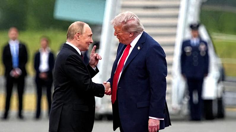 U.S. President Donald Trump shakes hands with Russian President Vladimir Putin.