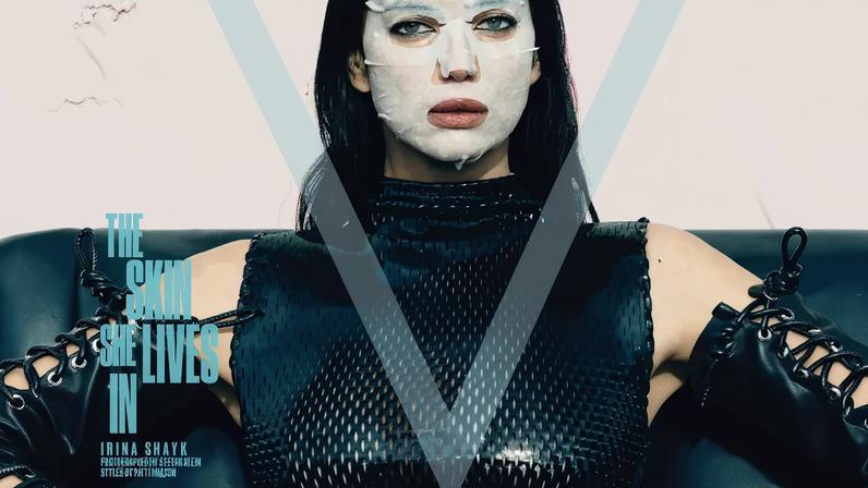 Irina Shayk covers V magazine V158 in a perforated vinyl top and sheet mask.