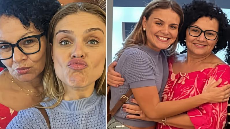 Paloma Bernardi recebe o carinho de Maria Lúcia dos Santos, mãe de Thiago Martins, após apresentação da peça 'O Cravo e a Rosa'