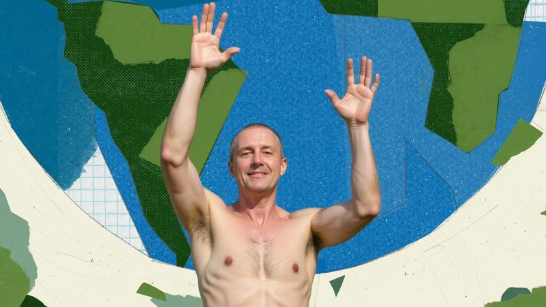 A paper cut out collage of a figure reaching up and pieces of a globe.