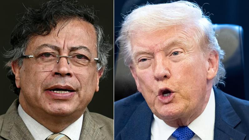 Esta combinação de imagens criada em 3 de fevereiro de 2026 mostra (da esq. para a dir.) o presidente da Colômbia, Gustavo Petro, em Bogotá, em 13 de novembro de 2025, e o presidente dos Estados Unidos, Donald Trump, no Salão Oval da Casa Branca, em Washington, DC, em 2 de fevereiro de 2026. O presidente colombiano Gustavo Petro chegou à Casa Branca em 3 de fevereiro de 2026 para sua primeira reunião com o presidente Donald Trump, após meses de tensões e de ameaças crescentes dos EUA relacionadas à Venezuela e ao narcotráfico. (Photo by Raul ARBOLEDA and SAUL LOEB / AFP)
