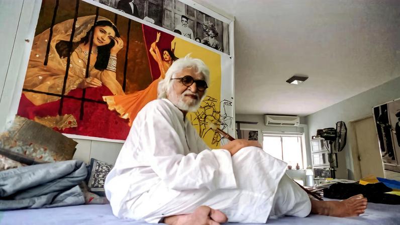 M.F. Husain in Mumbai. The artist was born in India in 1913 to a Shia Muslim family of Yemeni heritage and moved to Qatar in 2009