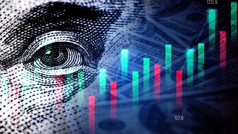 Cédulas de dólar e gráfico de barras — gráfico econômico