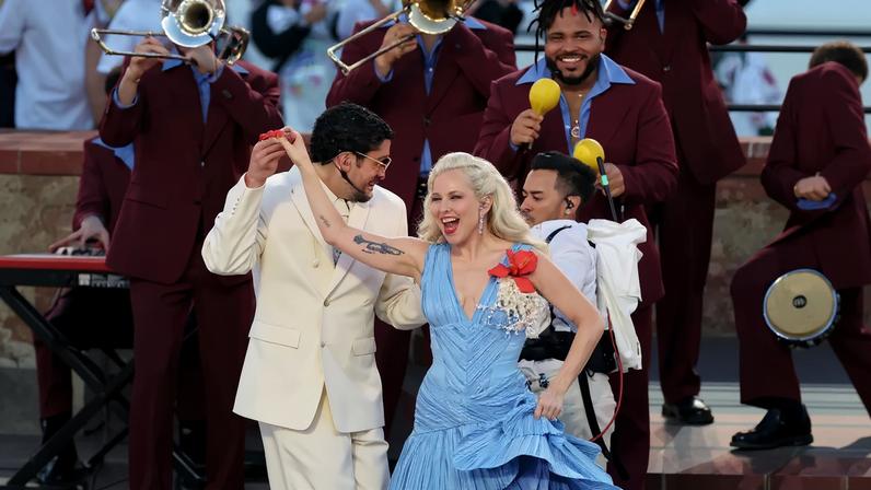 Lady Gaga joined Bad Bunny onstage during his Super Bowl halftime show performance, dressed in Luar.