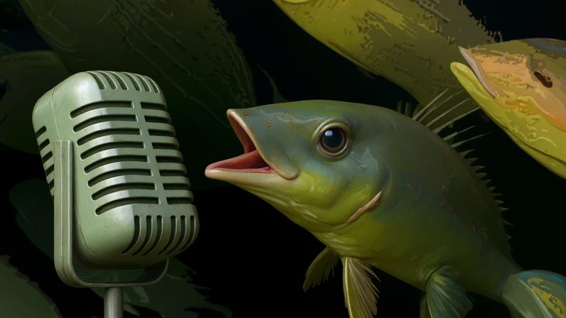 Ilustração de um peixe cantando em um microfone.
