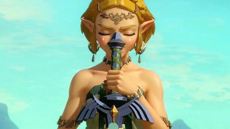 Zelda holds up the Master Sword.