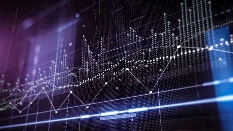 Visualização abstrata de dados financeiros com gráfico de linhas brilhantes, barras digitais e fundo de matriz pontilhada, mostrando a tendência do mercado de ações.
