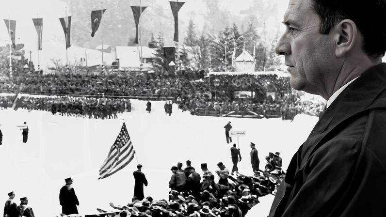 Hitler looks out on a snowy scene at the Olympics, including a man holding an American flag and members of the crowd giving the salute.