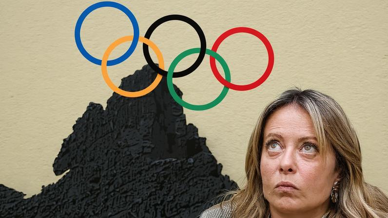 An illustration of Olympic rings teetering on a mountain in Italy as Italian Prime Minister Giorgia Meloni looks up.