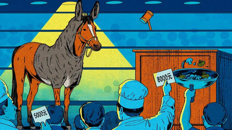 An illustration shows a horse dressed up in a donkey costume hood as he's being auctioned off to a crowd of eager chefs in China.