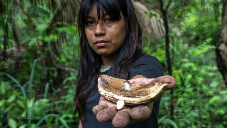 In the village of Três Maria in Mato Grosso, Brazil, a woman holds a sample of babassu coconut. The community initiative to protect the biome and fruit extraction in the Cerrado received a Xavante Award from the Podáali Fund.