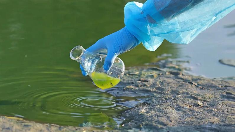 Imagem de um cientista pegando água de um rio com um frasco Erlenmeyer.