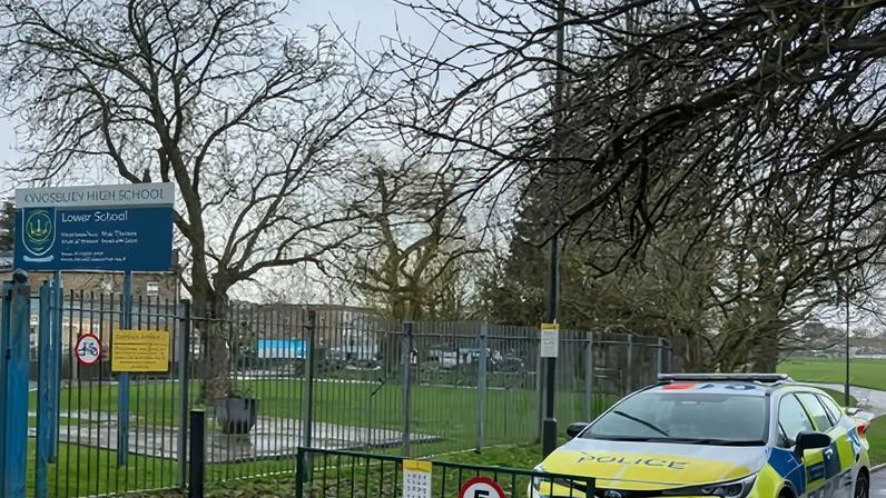 Kingsbury high school on Tuesday. The school said it was not currently possible to enter or leave the school.