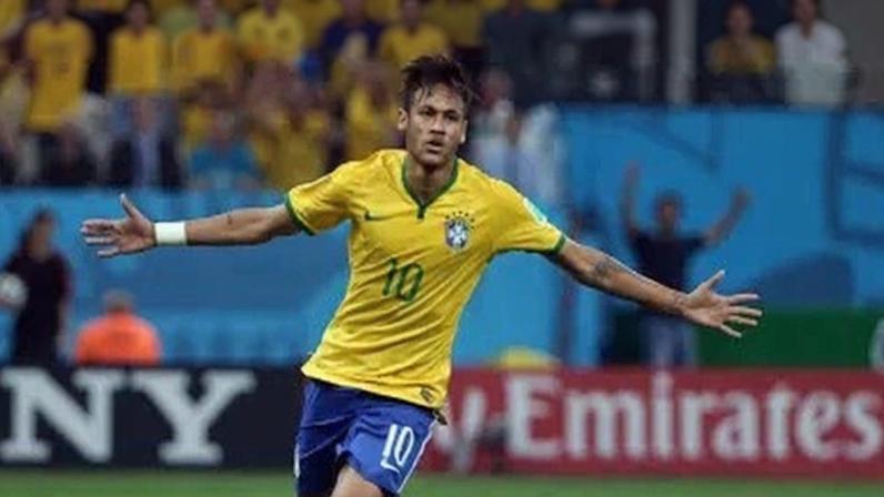 Neymar comemora seu gol contra a Croácia na Copa do Mundo de 2014