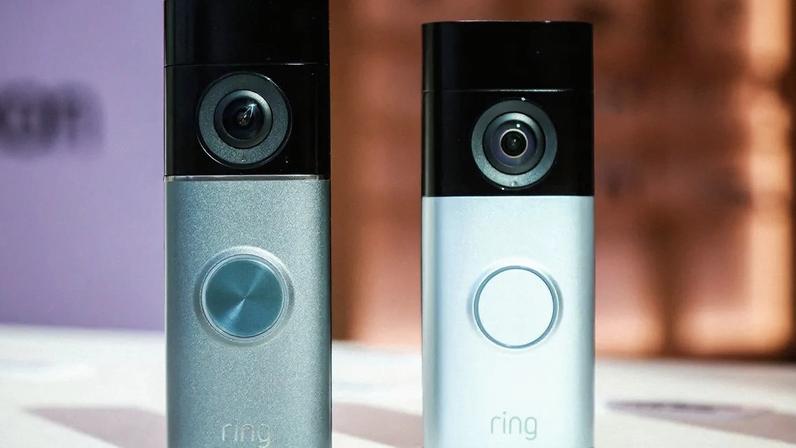 The Ring Wired Doorbell Pro camera left and Ring Wired Doorbell Plus camera during Amazon's product event in New York US...