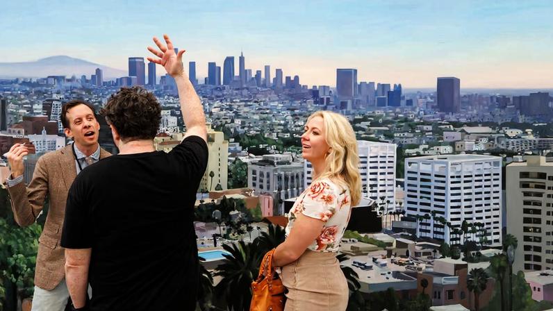 City of angels, city of art: fairgoers gather in front of S.O.S. (2026) by the Los Angeles-based artist Greta Waller, at the stand of local gallery Fernberger Carlin Stiehl