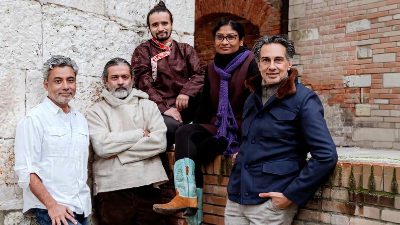 Some of the artists and the curator representing India at the Venice Biennale. From left: Alwar Balasubramaniam (Bala), Asim Waqif, Skarma Sonam Tashi, Ranjani Shettar and Amin Jaffer © Joe Habben