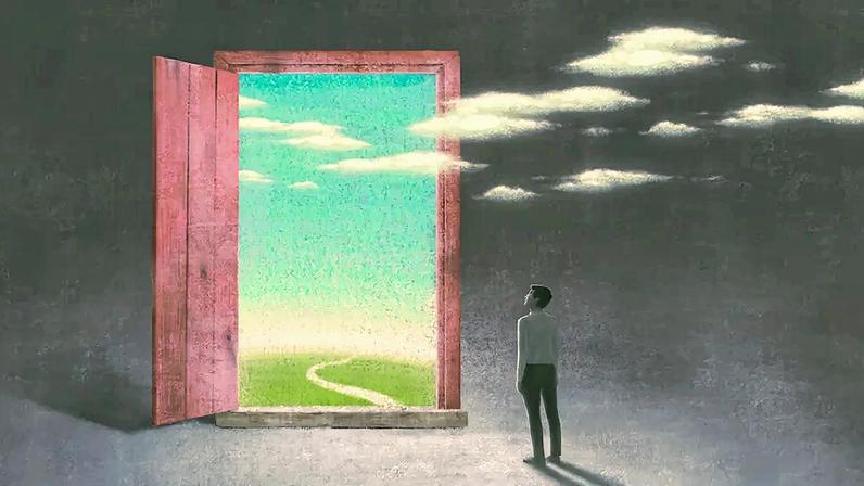 Ilustração de Arte surreal do sucesso dos sonhos e conceito de esperança, arte da imaginação, ambição ideia de pintura ilustração, homem com natureza em uma porta.