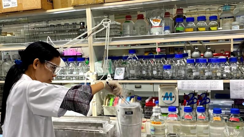 Scientists at work against a backdrop of lab glassware.