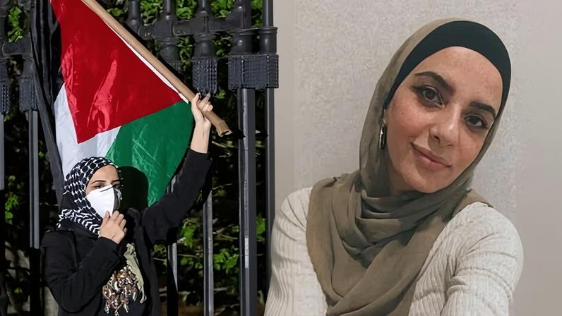 Leqaa Kordia, center, demonstrates with pro-Palestianian protesters at Columbia University in New York, Tuesday, April 30, 2024. Leqaa Kordia in an undated photo. Composite: AP, Hamzah Abushaban