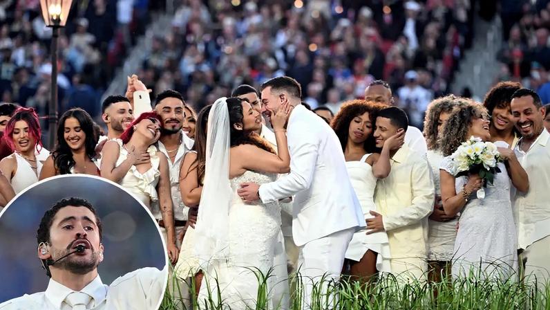 Couple getting married during Bad Bunny's performance at Super Bowl LX Halftime Show.