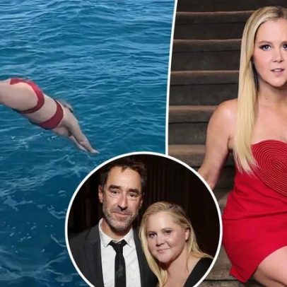 Amy Schumer surge em biquíni vermelho após primeiro Dia dos Namorados solo