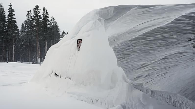 Snow piles up along a road on 18 February 2026 near Soda Springs, California.
